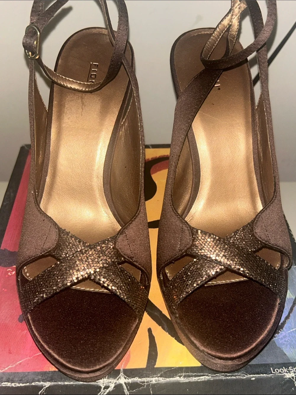 Vintage Cafe Hot Stuff Satin Brown Peep-Toe Slingback Heels Y2K ERA size 7.5